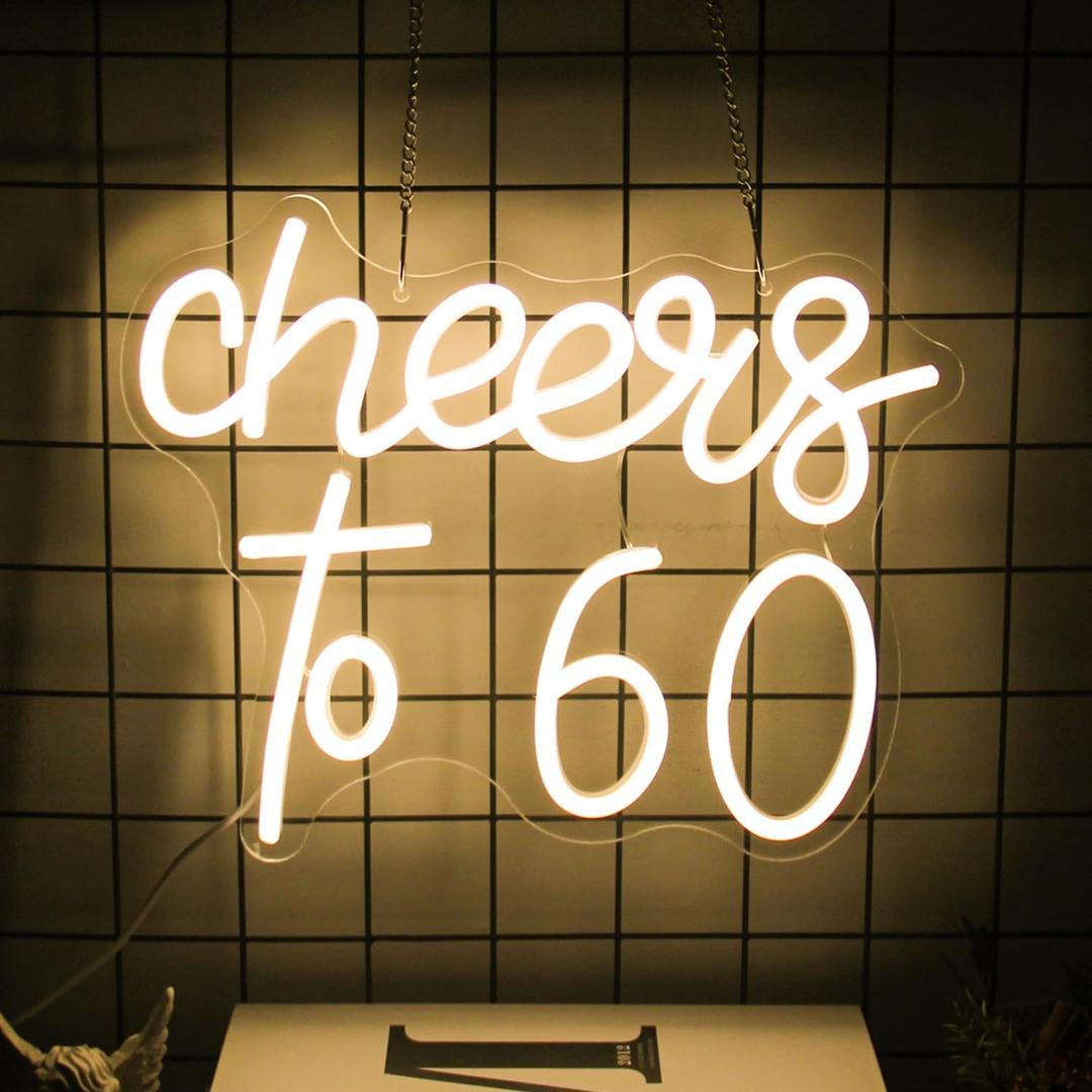Cheers to 60 Neon Sign 60th Birthday LED Neon Lights for Wall Party Decor, 15.4x12.6 inches