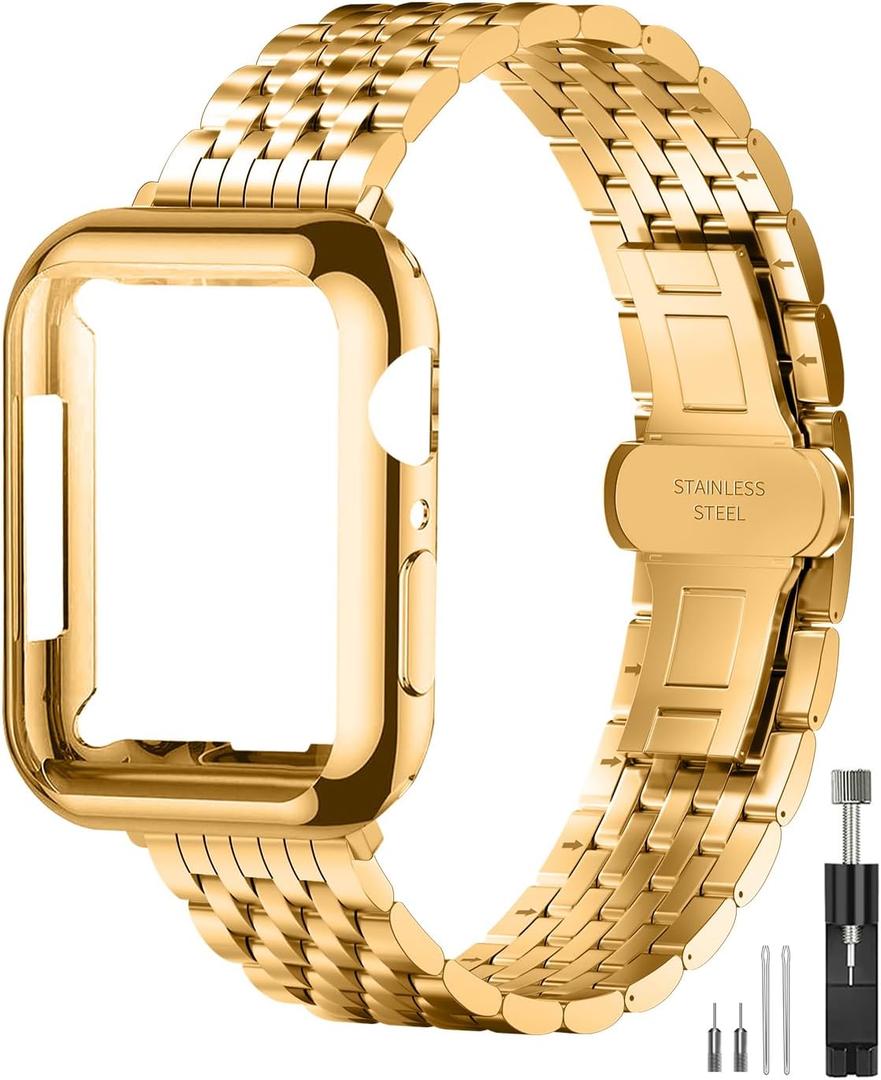 QUNDAXI Slim Metal Band with Apple Watch Band, Dressy Stainless Steel Chain Strap for Women Man iWatch Bands Size: 38mm 40mm 41mm (Series 1-9/SE) (Gold)
