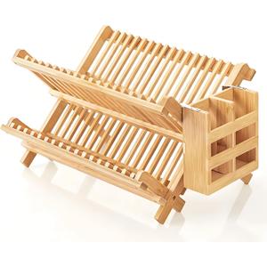 QUEENKAY Dish Drying Rack Collapsible 2-Tier Bamboo Dish Rack for Kitchen Counter Wooden Dish Drainer with Foldable Space-Saving Design for Dishes, Plates, and Cups