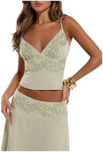 SweatyRocks Women's Tie Backless Deep V Neck Cami Top Rhinestone Sleeveless Boho Summer Tops Size L