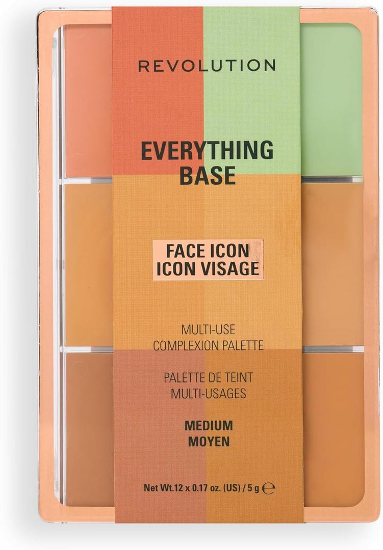 Revolution Everything Base Face Icon Complexion Palette, Multi-Use Cream Contour, Concealer, Corrector, Highlighter & Blush Kit, Vegan & Cruelty-Free, Medium