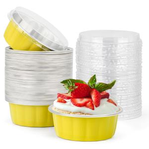 Beasea Aluminum Cups for Baking, 8oz 50 Pack Disposable Ramekins with Lids, Lemon Yellow Aluminum Foil Cups Creme Brulee Muffin Cupcake Baking Cup Mini Pudding Cups for Party Wedding Birthday