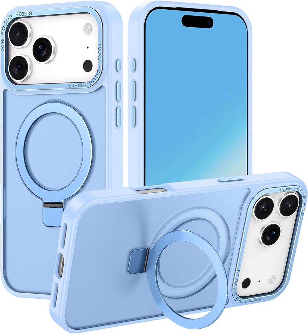 for iPhone 17 Pro Max Case 2025,with Magnetic Invisible Stand [Compatible with MagSafe] Shockproof Slim Translucent Anti-Slip Military Drop Protection Cover,Light Blue