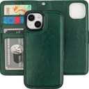 Bocasal Detachable Wallet Case for iPhone 15 RFID Blocking Card Slots Holder Premium PU Leather Magnetic Kickstand Shockproof Wrist Strap Removable Flip Protective Cover 5G 6.1 inch (Green)