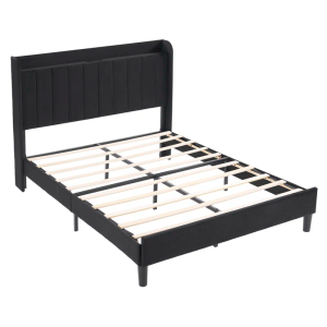 Platform Bed Frame with Charging Station and Storage Shelf,Velvet Upholstered Bed Frame with Tufted Headboard,No Box Spring Needed,Easy Assembly (Black, Queen (U.S. Standard))