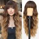 AISI HAIR Brown To Honey Blonde Wig with Bangs Long Wavy Synthetic Wig for Women Daily Party Use