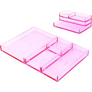 4-Piece Stackable Pink Acrylic Desk Organizer for Office or Home Desk Drawer Dividers, Makeup Vanity Storage Bins, Accessory Acrylic Tray/Half Accessory Tray/Small Tray