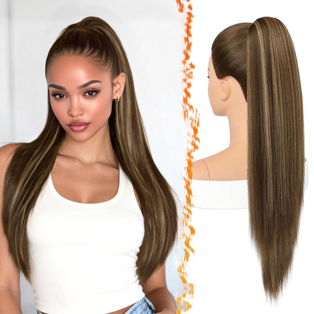 BARSDAR Straight Drawstring Ponytail Extension - 28 Inch Long Straight Ponytail Extension Natural Looking Layered Soft Synthetic Cheer Posh Pony Tails Hairpieces Daily Party, Brown with Blonde