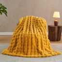 Lotus Karen Faux Fur Throw Blanket Ginger Yellow - Big Bubble Rabbit Fluff Blanket for Couch Bed Sofa,Softest Fluffy Fuzzy Cozy Blanket,Thick Furry Plush Shaggy Warm Blankets for Women,90x90 Inches