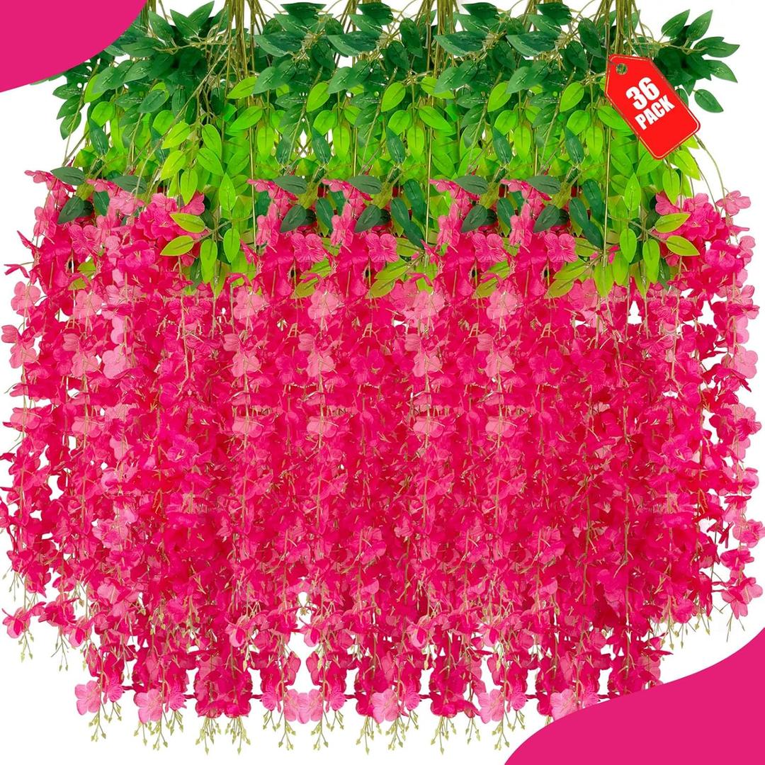 36 Pack Fuchsia Wisteria Hanging Flowers, 3.44 Ft Fake Hanging Flowers, Artificial Wisteria Garland Vines for Wedding Room Backdrop Outdoor Patio Garden Decoration