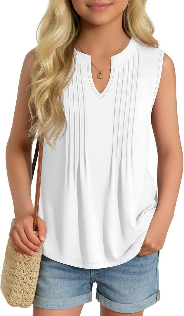 Ficerd Girl's Tank Tops V Neck Sleeveless Summer Shirts Kids Pleated Loose Blouse Dressy Casual Curved Hem Tees 5-14 Years (White)