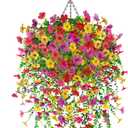 Der Rose Artificial Hanging Flower Basket for Outdoors Fake Hanging Flowers Plants with 4 Faux Silk Trailing Vines for Porch Patio Balcony Spring Decor (1 Pack  Hanging Flower + Basket (Complete Set), Mixed-color)