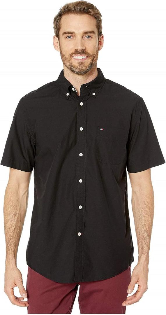 Tommy Hilfiger Mens Short Sleeve Button-Down Shirt (X-Large, Black)