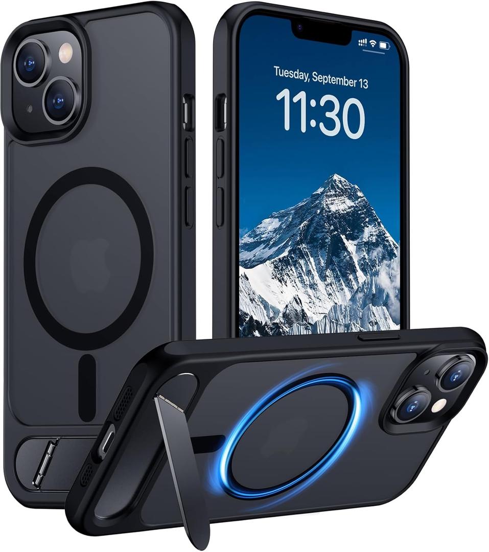 Temdan Compatible with iPhone 14 Case/iPhone 13 Case,[Built-in Invisible Kickstand][Compatible with MagSafe][Military Grade Shockproof] Slim Translucent Matte Phone Case for iPhone 14/13 6.1" (Black)