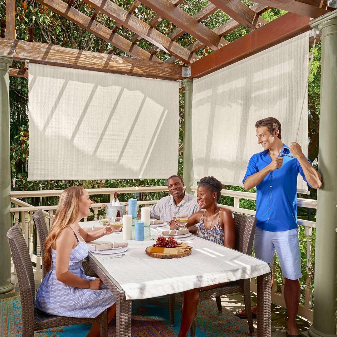 Coolaroo Outdoor Roller Shade with Wand - 95% UV Block Breathable Light Filtering Shade for Patio or Porch, Fade-Resistant, Easy-Clean Fabric, 6ft x 8ft, Pebble