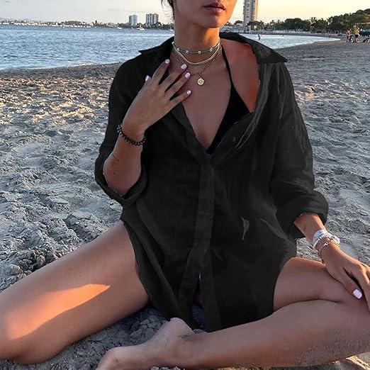 Zicozy Beach Coverup for Women, Swimsuit Coverup Long Sleeve, Linen Bikini Cover Up Shirt, Bathing Suit Cover Ups for Pool, L/XL