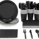 Juvale 144 Piece Black Party Supplies - Serves 24 Disposable Black Paper Plates, Napkins, Cups, and Cutlery, Ideal Party Table Decorations for Birthdays, Halloween Parties & Graduation