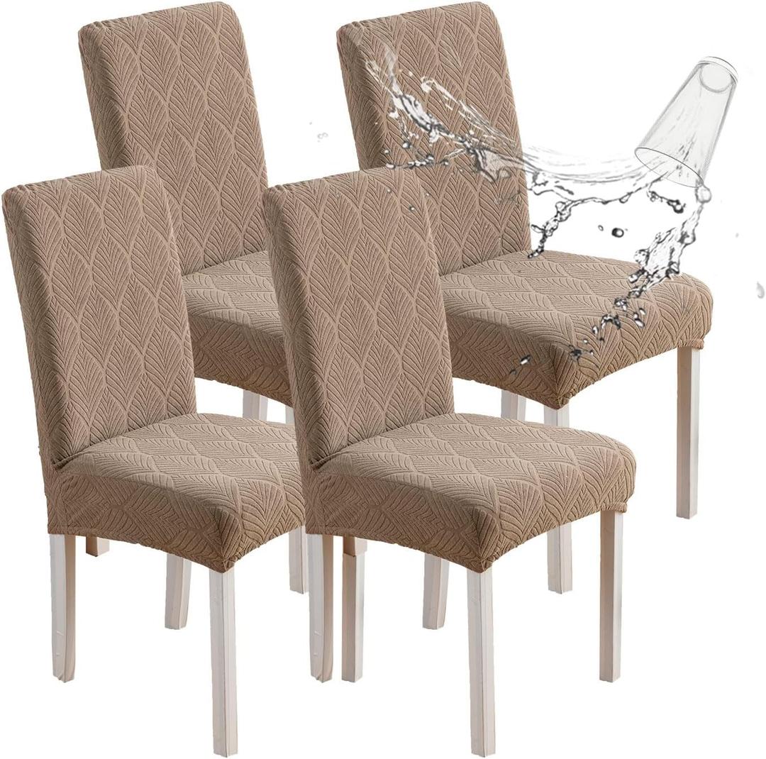 Waterproof Dining Chair Covers, Chair Covers for Dining Room, Stretch Parsons Chair Slipcover, Removable, Washable for Dining Room Kitchen Chair Protector Cover (4pk, Leaf-taupe)