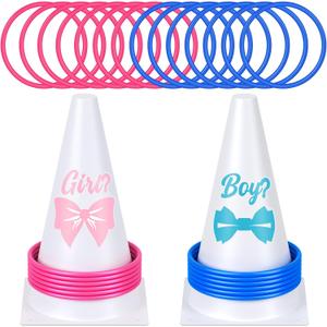 Leitee 16 Pcs Gender Reveal Party Boy or Girl Ring Toss Game Include 2 Plastic Cones 12 Pink Blue Toss Rings and 2 Gender Stickers for Guests Baby Shower Party Supplies
