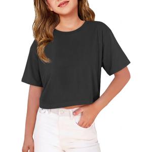 ZDC Girls T Shirts Short Half Sleeve Crew Neck Drop Shoulder Loose Fit Summer Crop Tops 5-14 Years (Black)