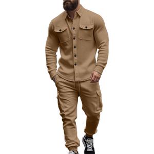 Men's Fleece Cargo Jacket Tracksuit Set 2 Pieces Solid Color Long Sleeve Button up Jacket and Cargo Pants Set (Large, Khaki)