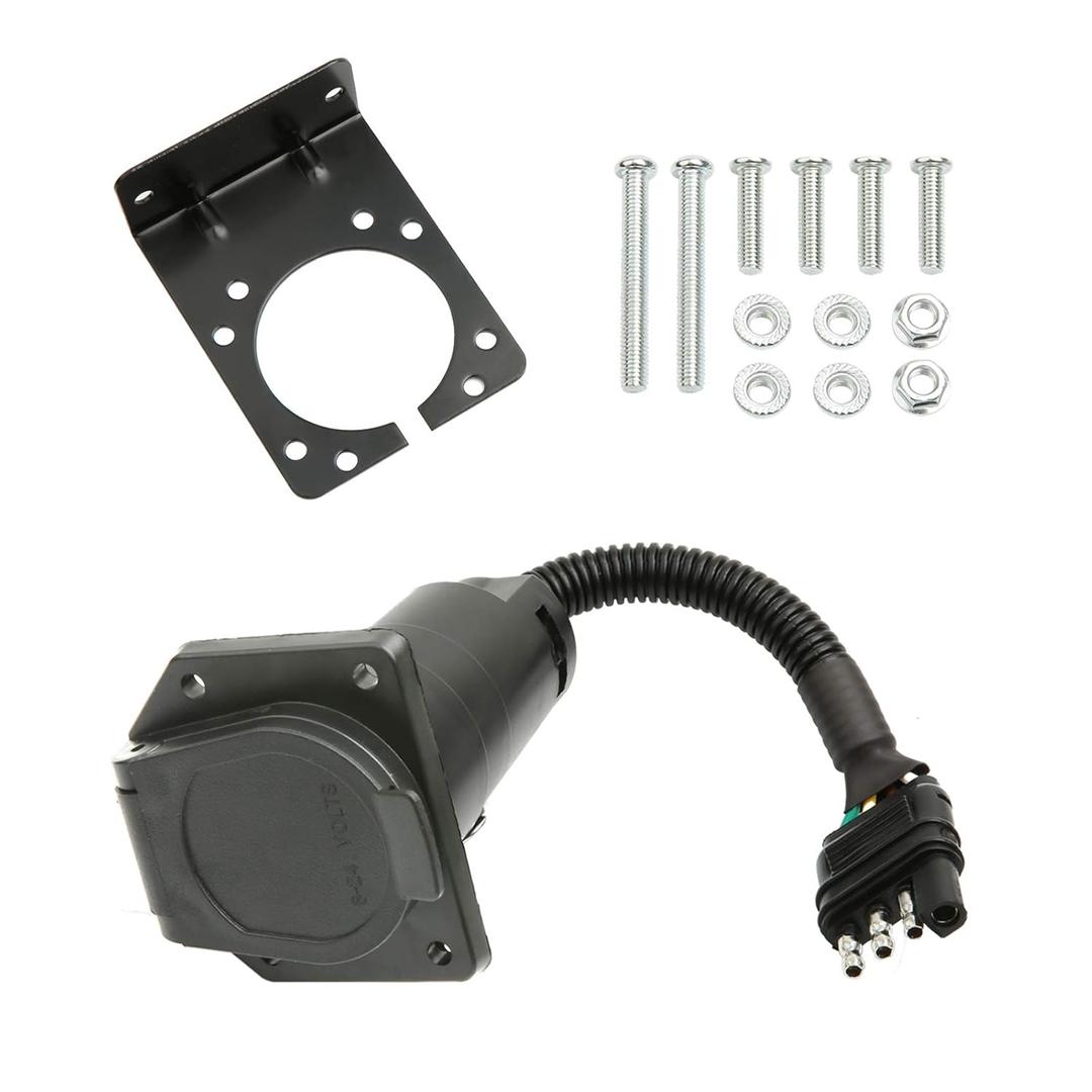 MITZONE 4-Way Flat to 7-Way Round Blade Trailer Light Adapter Wiring Reverse Plug Connector with Mounting Bracket & Screws Nuts for Truck RV Side to Trailer Side Towing Solutions