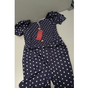 GORLYA Girls Puff Sleeve Casual Button Shirred Jumpsuit Outfits Straight Wide Leg Pant Jumper Rompers 4-14T(GOR1199,12Y,Navy Dot)