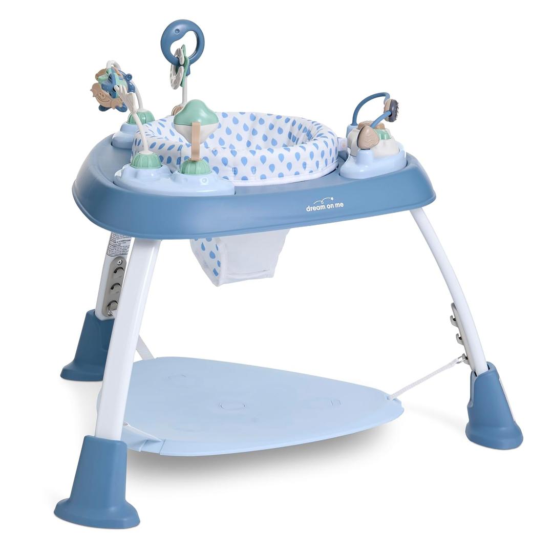 Dream On Me Pogo 3-in-1 Baby Activity Center for 4–12 Months, 360° Rotating Seat, Adjustable Height, Interactive Toys with Music, Converts to Toddler Play Table & Standing Station, Moonmist Blue
