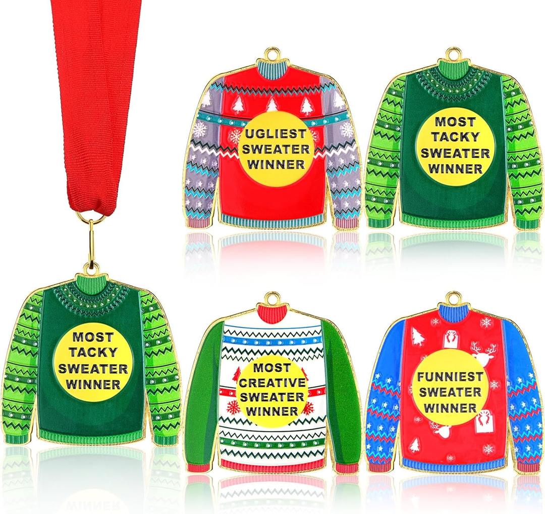 Remuuly 4 Pieces Christmas Ugly Sweater Medal Award Metal Ugly Sweater Contest Prizes with Ribbons for Christmas Tree Ornament Party Contest Winner Decorations
