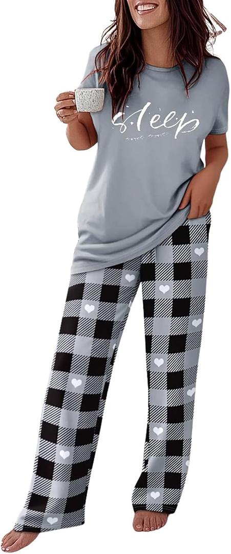CHICME Womens Pajamas Sets 2 Piece Short Sleeve Lounge Set Printed Loose Pants Pj Sets Loungewear Set (XX-Large, E-plaid Gray)