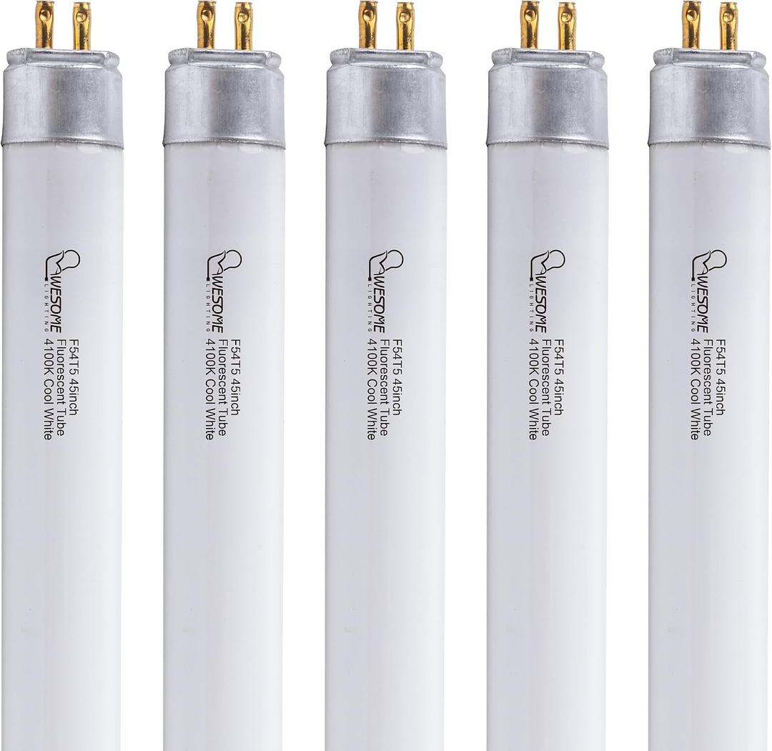 Wesome Lighting F54T5/841/HO Fluorescent Light Bulb, 46 Inch, T5 54 Watt Replacement Tube, 4100K Cool White, 4200 Lumens, High Output, G5 Bi-Pin Base, 4FT T5 Grow Light Bulbs - 5 Pack