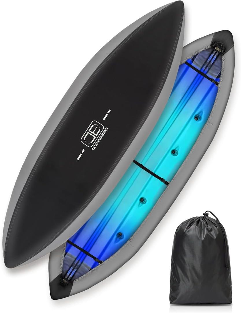 OCEANBROAD Kayak Cover, Water-Resistant UV-Resistant Kayak Canoe Fishing Boat Dust Covers for Outdoor Storage, Suitable for 12.3-13.5ft Length, Up to 38in Width, 420D Black with Gray