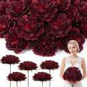 Hoteam 50 Pcs Burgundy Artificial Rose Flower Heads Bulk 3.5 Inch Silk Fake Peony Flowers with 50 Wire Stems for Wedding Crafts Wreaths Hair Bouquet Party Decoration