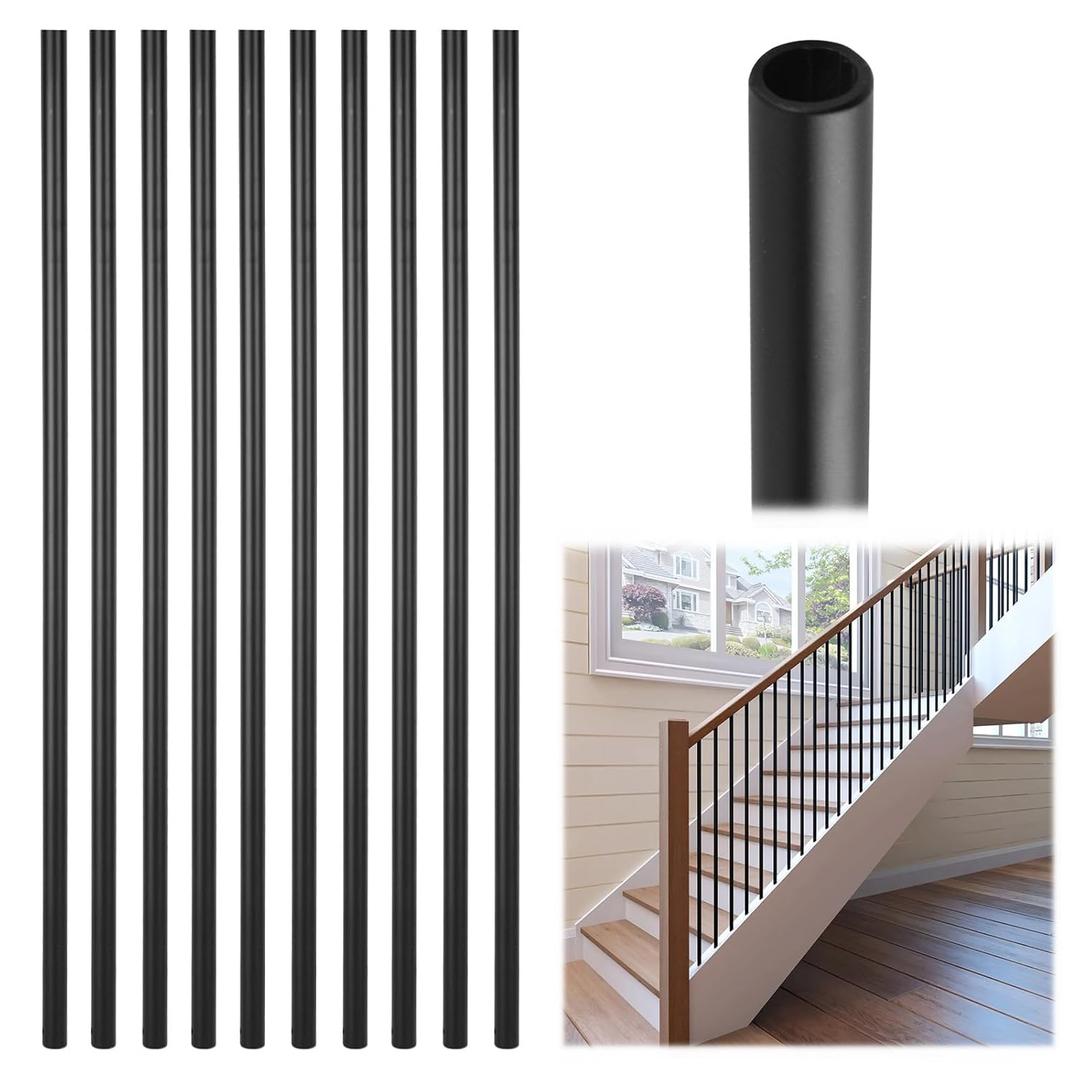 Iron Stair Balusters 5/8" Round 44" Long - 15-Pack Hollow Wrought Iron Plain Spindles for Classic Indoor Staircases，Satin Black