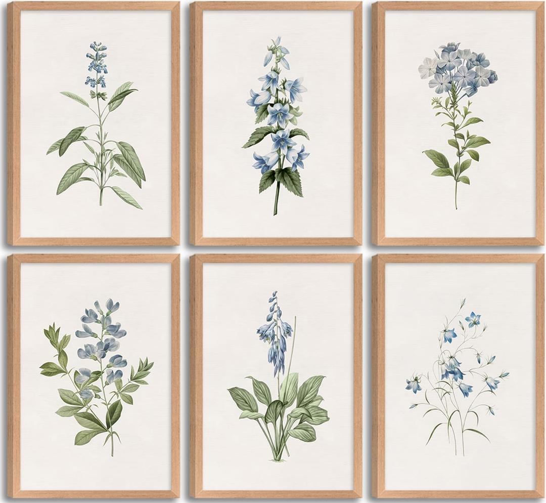 6Pcs Vintage Blue Wildflower Wall Art Blue Delicate Greenery Painting Picture Flower Bouquet Wall Decor Minimalism Flowers Poster Print Artwork for Living Room Bedroom Home Decoration,Framed