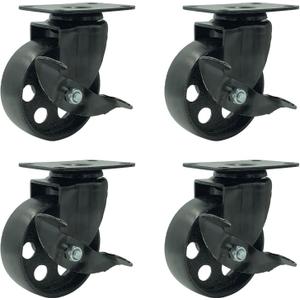 FactorDuty 4 All Black Metal Swivel Plate Caster Wheels w/Brake Lock Heavy Duty High-Gauge Steel (3.5" with Brake)