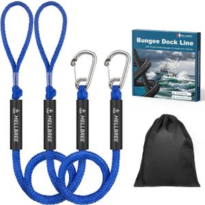 Bungee Dock Lines for Boats, 4.3 Feet Mooring Rop 10S Docking with 316 Stainless Steel Clip Boat Accessories for Boats, PWC, Kayak, SeaDoo,Jet Ski, Pontoon, Power Boat, Built in Snubber, 2Pack Blue