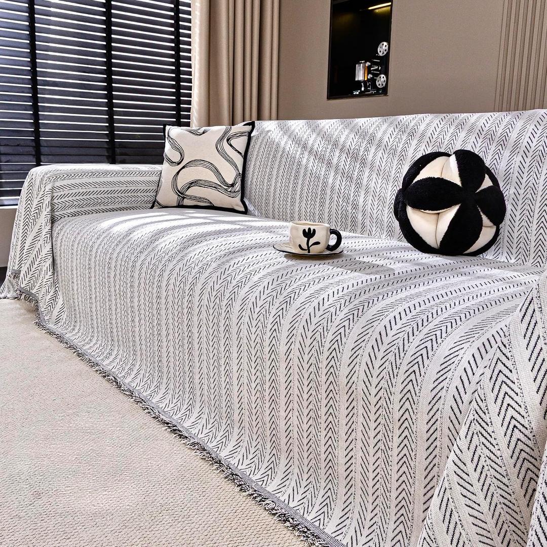 Chenille Couch Cover for Sofa Cover Washable Pet Scratch Couch Covers Tassel Sofa Slipcover for 3 Cushion Couch,Furniture Protector Blanket for Living Room,Beige 71"x134"