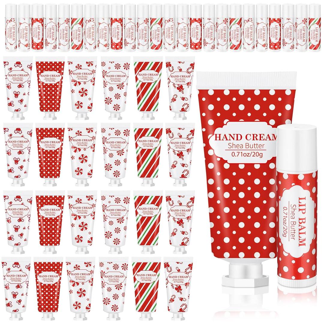 Leelosp 24 Pcs 12 Sets Christmas Hand Cream and Lip Balm Gift Set Bulk Mini Travel Size Lotion and Lip Balm with Peppermint Candy Theme Xmas Stocking Stuffers Thank You Gift for Women Staff Coworker