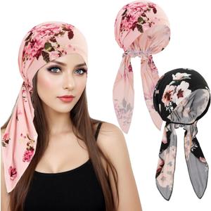 XEPST 2 PCS Chemo Headwear for Women, Pre Tied Chemo Cancer Headscarf Floral Print Turban Beanie Hat Elastic Cancer Hats Bonnet Head Coverings Head Wraps for Women Hair Loss Chemo Sleep Cap