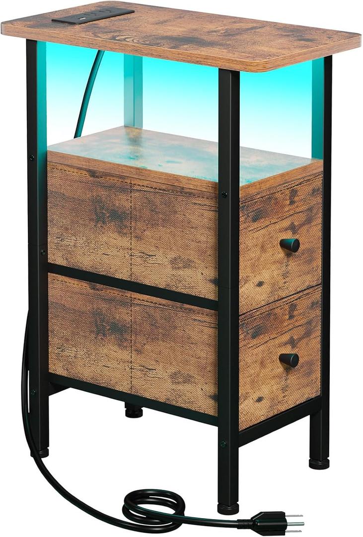 Narrow End Table Living Room with Charging Station, Skinny Side Table with Fabric Drawers, Slim LED Nightstand for Bedroom, Small Spaces, Couch, Rustic Brown, HETNDP02LPBR-1