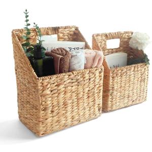 Set of 2 Hanging Storage Basket, Wicker Water Hyacinth Wall Hanging Basket with Handle for Mails, Files, Books, Plants or Accessories, Wall-Mounted Organizer for Bedroom, Kitchen, Office