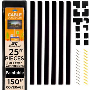 Simple Cord Cable Concealer On-Wall Cord Covers with 6, 25 Raceways  150 Cable Management System Hides Cords, Wires for Wall TVs, Computers  Black