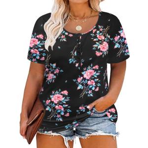 CARCOS Plus Size Tops for Women Button Up Henley Shirts Short Sleeve Summer T-Shirts V/Crewneck Casual Trendy Tunics XL-5XL (XL)