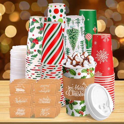 Suttmin 72 Sets/ 216 Pcs Christmas Paper Cups 16 oz Disposable to Go Coffee Cups with Lids and Sleeves Xmas Hot Cocoa Coffee Mug for Cold Drinks Christmas Hot Chocolate Xmas Party Supplies(Bright)