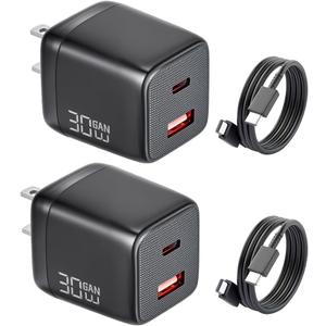 2 Pack 30W USB C Charger Block for iPhone 17 16 15 Pro Max Fast Charging,Dual Ports USB A/C Wall Plug with 5FT Type C Cable,PD 3.0 GaN Phone Power Adapter for iPad Pro,Samsung Galaxy,Google Pixel