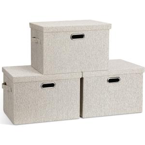 Large Quart Collapsible Stackable Storage Bins with Lids, 3 Packs Beige Linen Fabric Closet Boxes with Lids, Storage Cube Baskets Container Organizers for Bedroom Office(16.6 x 11.7 x 10.8)