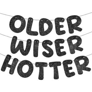 Fulmoon Set of 3 Pre Strung Older Wiser Hotter Glitter Banner Funny Birthday Banner for Women 30th 40th 50th 60th 70th 80th Birthday Party Decorations Sign Gift(Black)