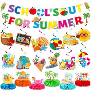 School's Out for Summer Decorations Include Summer Theme Banner Hanging Swirls Honeycomb Centerpieces End of School Year Party Decorations for Schools Classroom Summers Vacation Celebration Decor