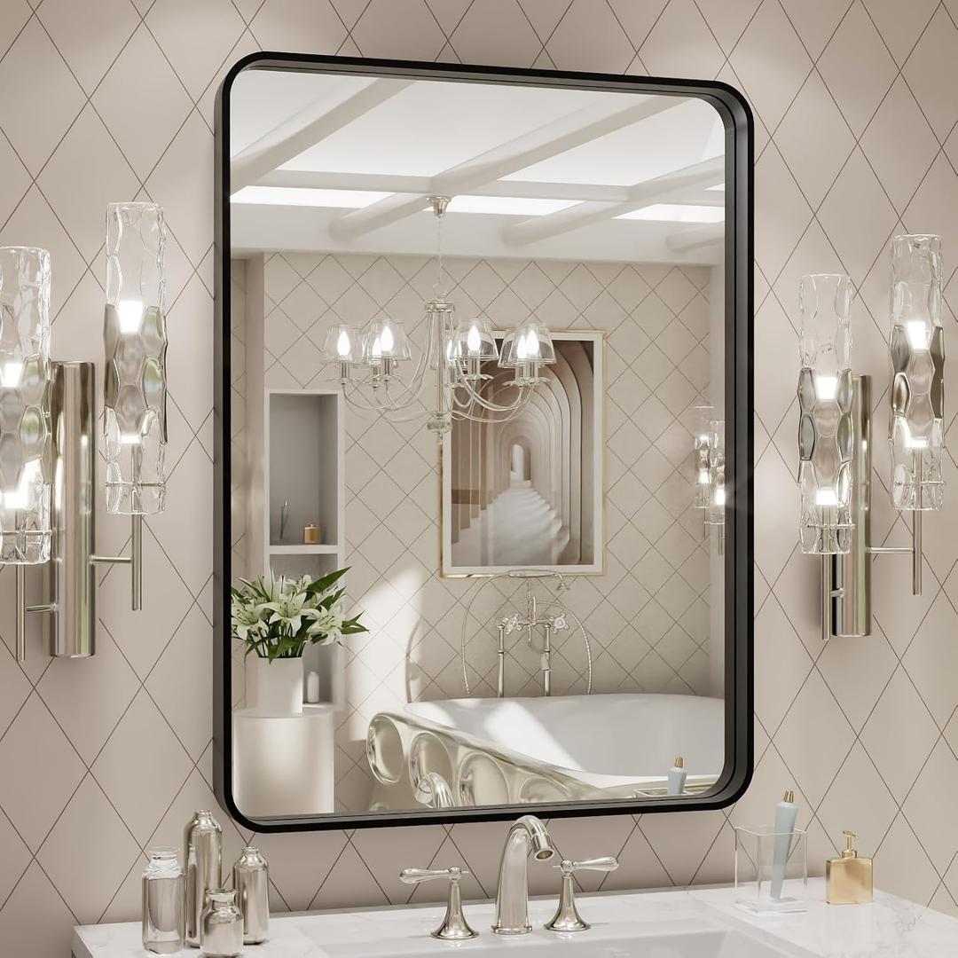 LOAAO 24X32 Inch Black Metal Framed Bathroom Mirror for Wall, Matte Black Bathroom Vanity Mirror Farmhouse, Large Rounded Rectangle Mirror, Anti-Rust, Hangs Horizontally or Vertically